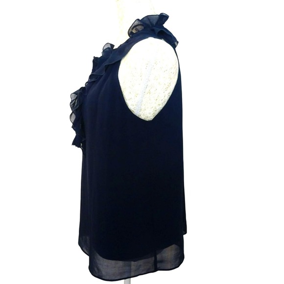 Kensie Navy Blue Sleeveless Ruffle Neck Tie Front Chiffon Blouse Top Size S - Picture 5 of 8